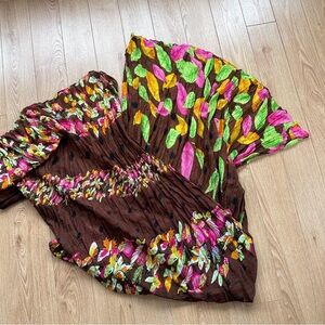 Sarong, broomstick pleats, dark brown with leaf and butterfly pattern. Like new